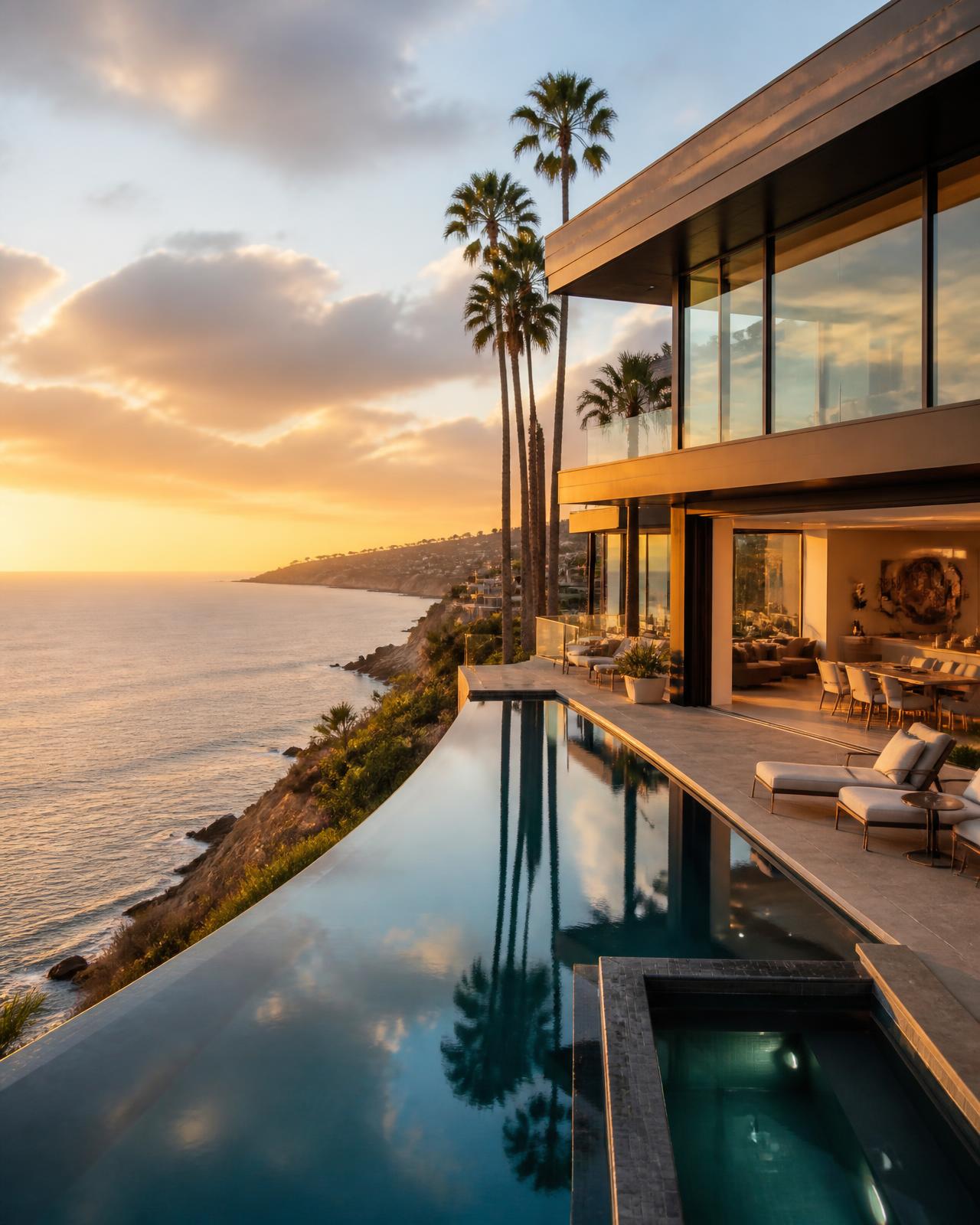 Contemporary San Diego coastal estate with infinity pool at sunset